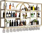 Large Wall Mount Wine Rack, Metal 4 Tier Large Capacity Hanging Bar Rack with Wine Glass Holder, Oval Wine Bottle Storage Display Rack for Kitchen, Living Room, Home (Gold, 47.2in)