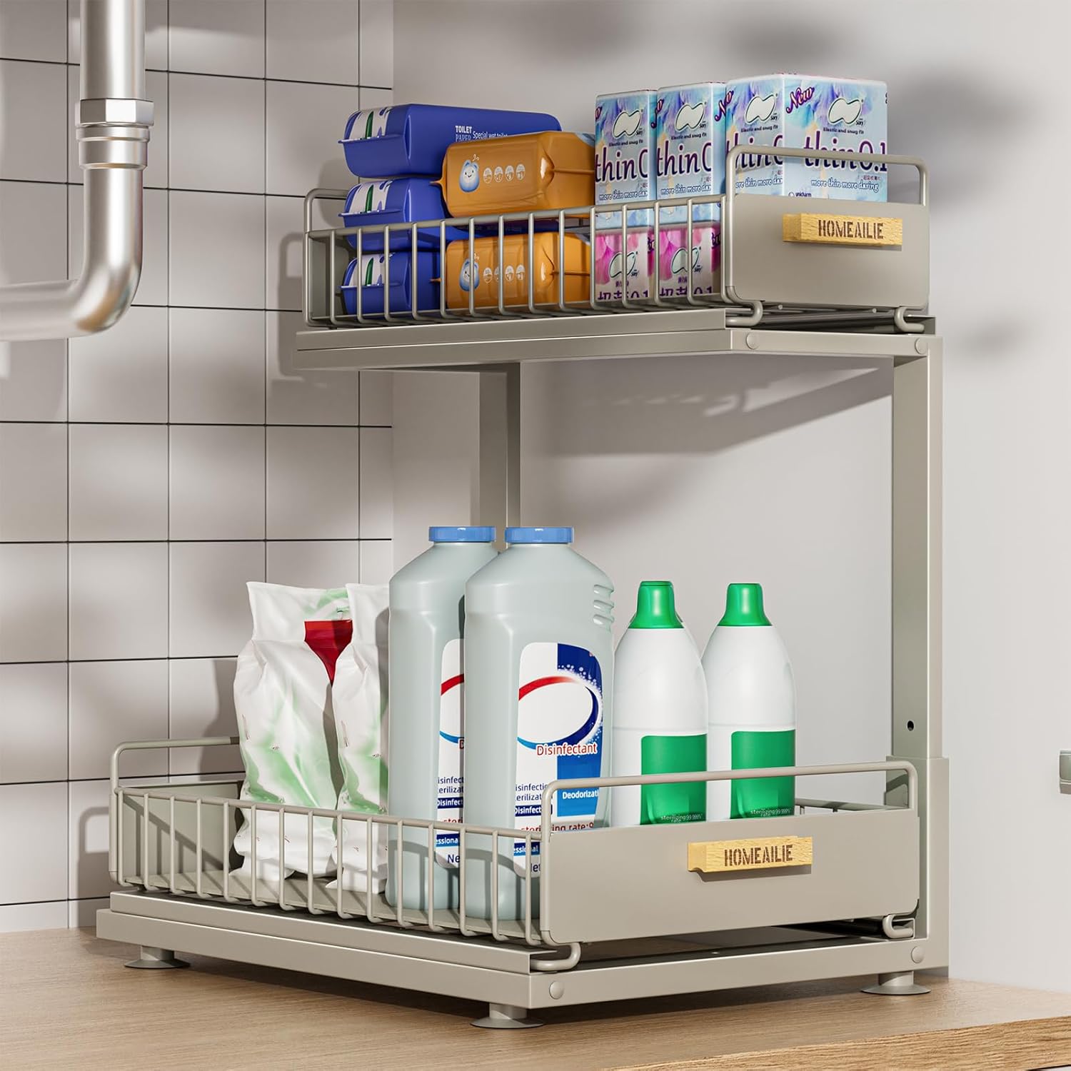 Under Sink Organizer, High Adjustable 2 Tier Under Kitchen Sink Organizer, Multi-Purpose Storage Shelf for Kitchen Bathroom Cabinet, Gray