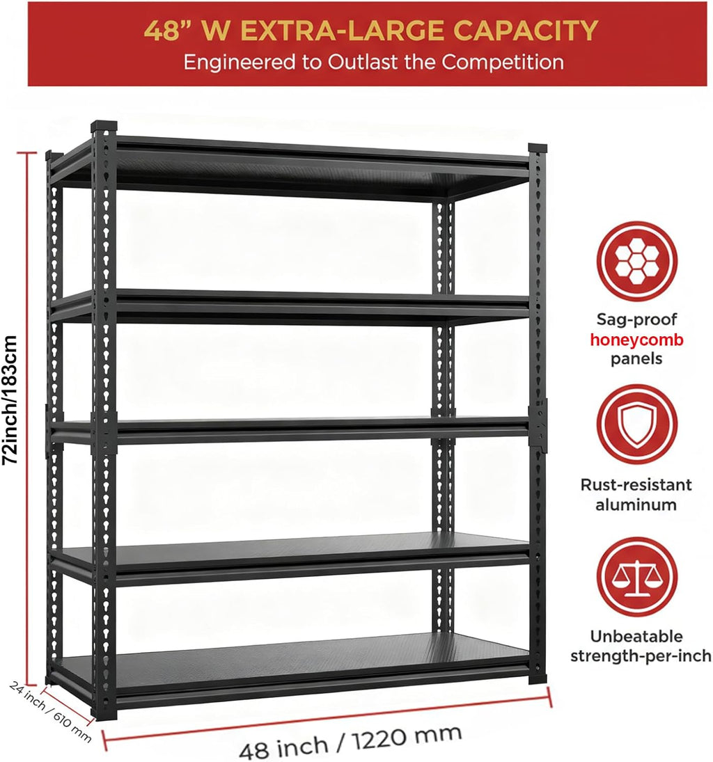 Heavy Duty Garage Shelving, 5-Tier Storage Rack 3000LBS Capacity 48" W x 72" H x 24" D, Adjustable Storage Shelves, Boltless Assembly Shelving Unit for Workshop, Basement & Garage Organizer
