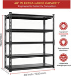 Heavy Duty Garage Shelving, 5-Tier Storage Rack 3000LBS Capacity 48" W x 72" H x 24" D, Adjustable Storage Shelves, Boltless Assembly Shelving Unit for Workshop, Basement & Garage Organizer