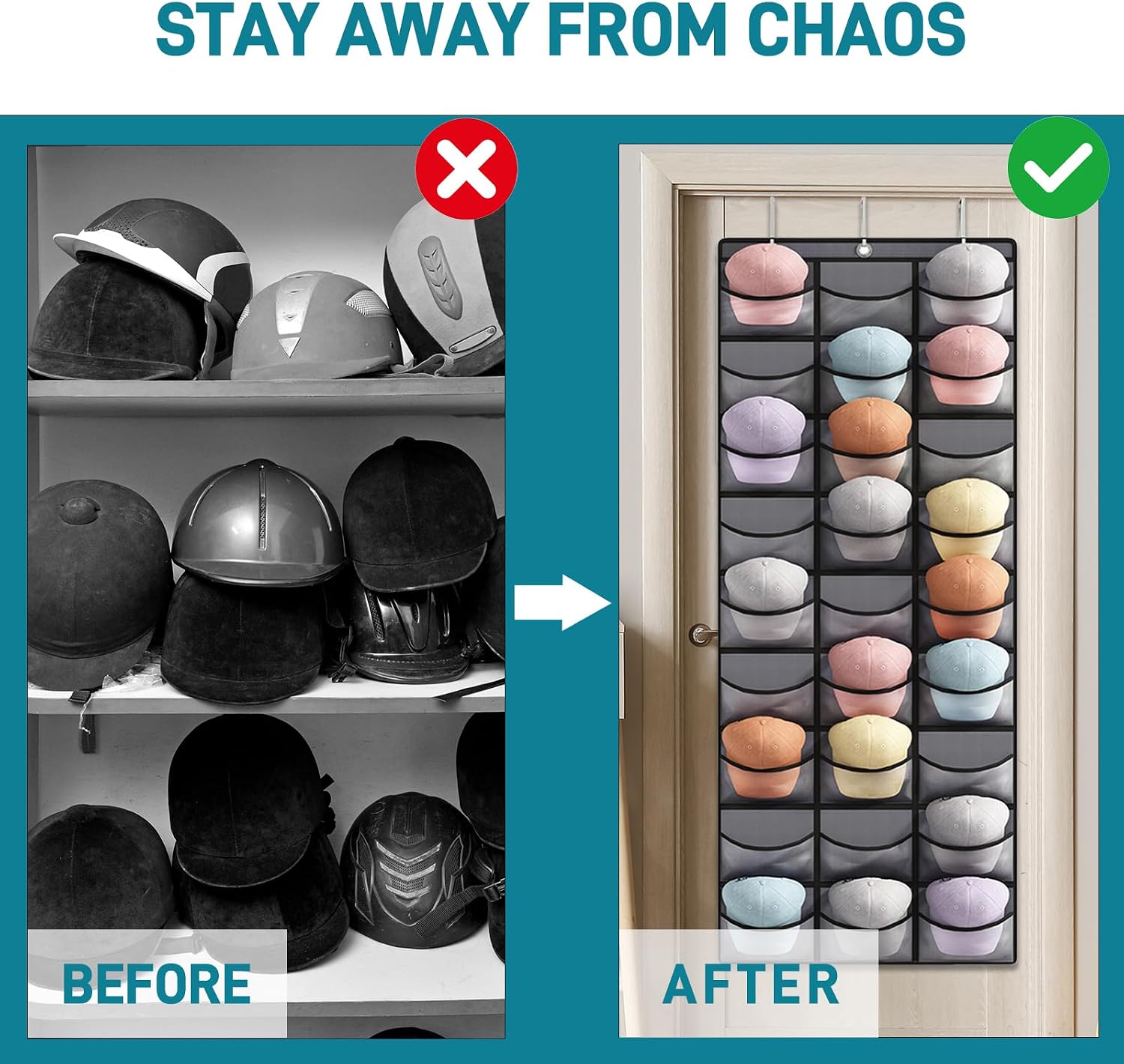 Hat Organizer Over Door Baseball Caps Holder 27 Pocket Storage Rack Grey | 27 Clear Deep Pockets, 3 Hooks, over-Door Hanging Design, for Baseball Caps, Closet Wall and Door Storage