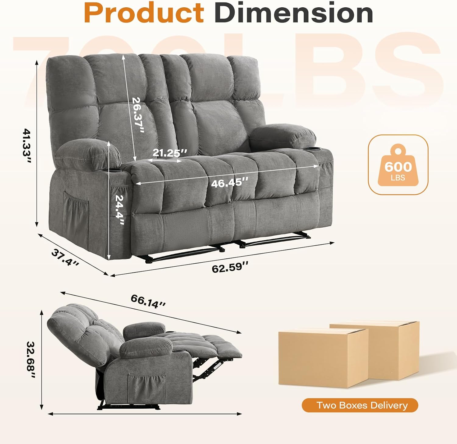 Oversized Fabric Reclining Loveseat Sofa for Living Room with Cup Holders | 2-seat recliner sofa with side pockets, padded seats and adjustable footrests for home theater, family room and relaxation