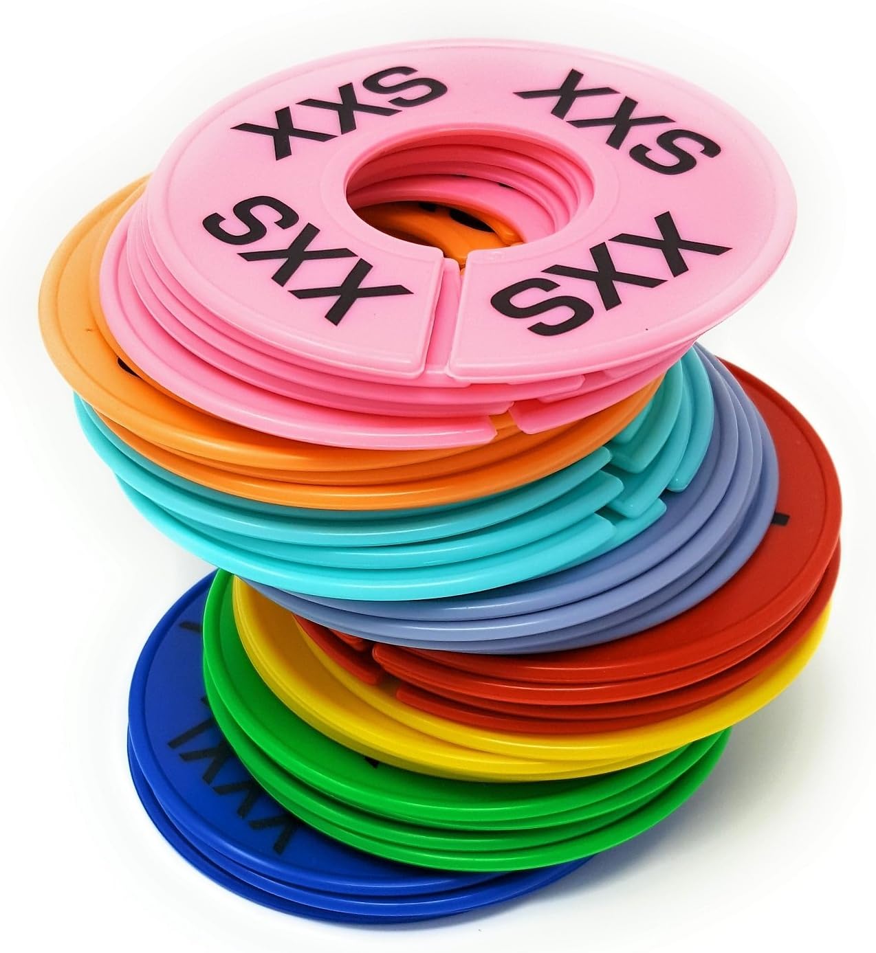 Clothing Rack Size Dividers for Retail Shops, XXS-XXXL, 40 Pieces, 8 Colors | Round Plastic Size Rings, Tags, Hangers, or Separators for Shirt, Closet, and Garment Racks, Small Medium Large
