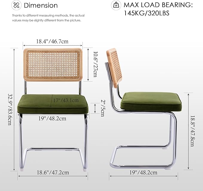 Zesthouse Natural Rattan Dining Chairs Set of 2, Olive Green Modern Kitchen Chairs with Solid Wood Back & Chrome Base, Mid Century Breuer Design Inspired, Upholstered Velvet Fabric