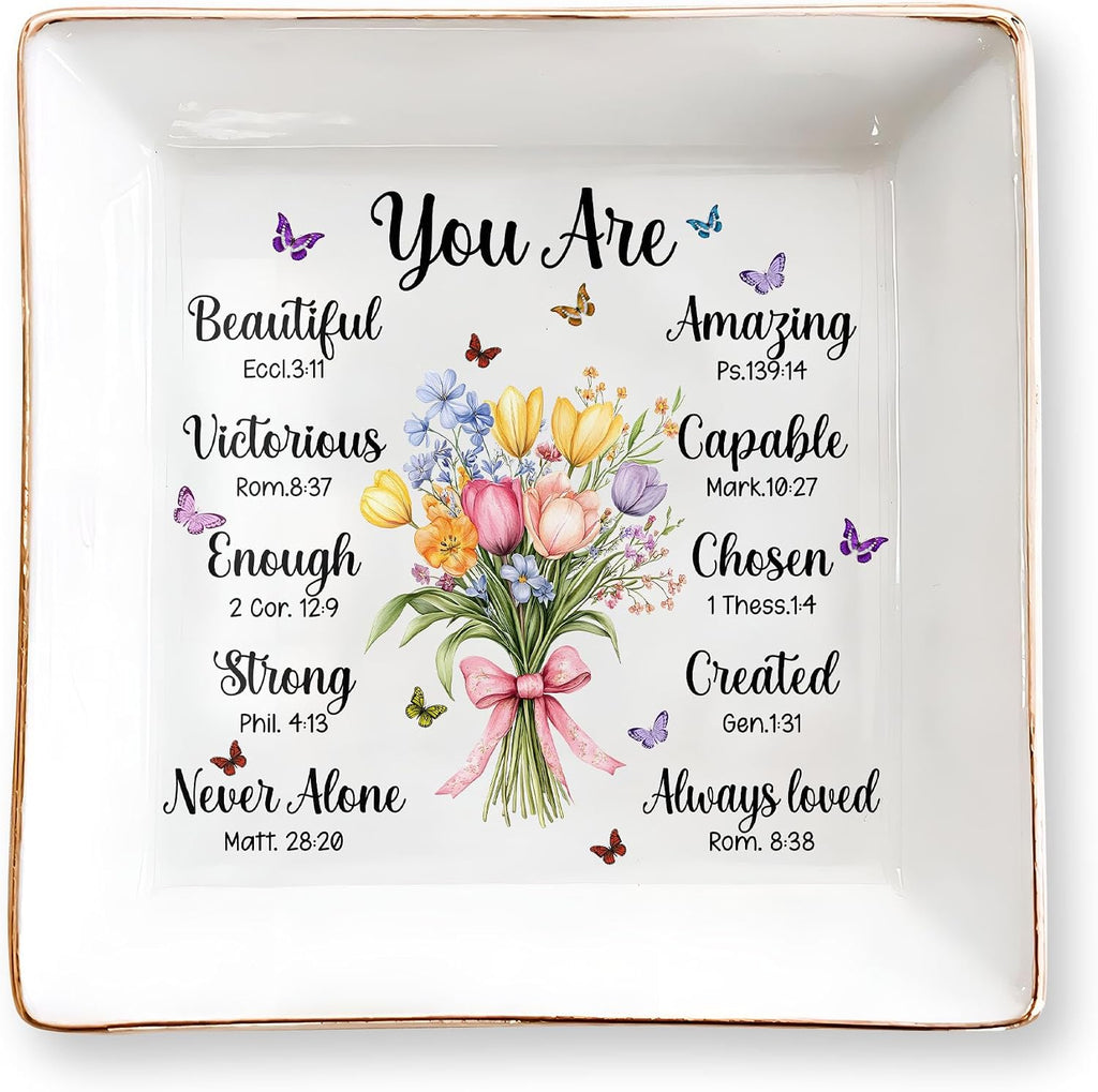 Christian Bible Verse Jewelry Dish, 4" Ceramic Jewelry Tray, Christian Gift for Women, Mother's Day, Birthday, Catholic Gifts for Mom/ Grandma, Graduation, Confirmation Gifts for Teen Girls, Daughter