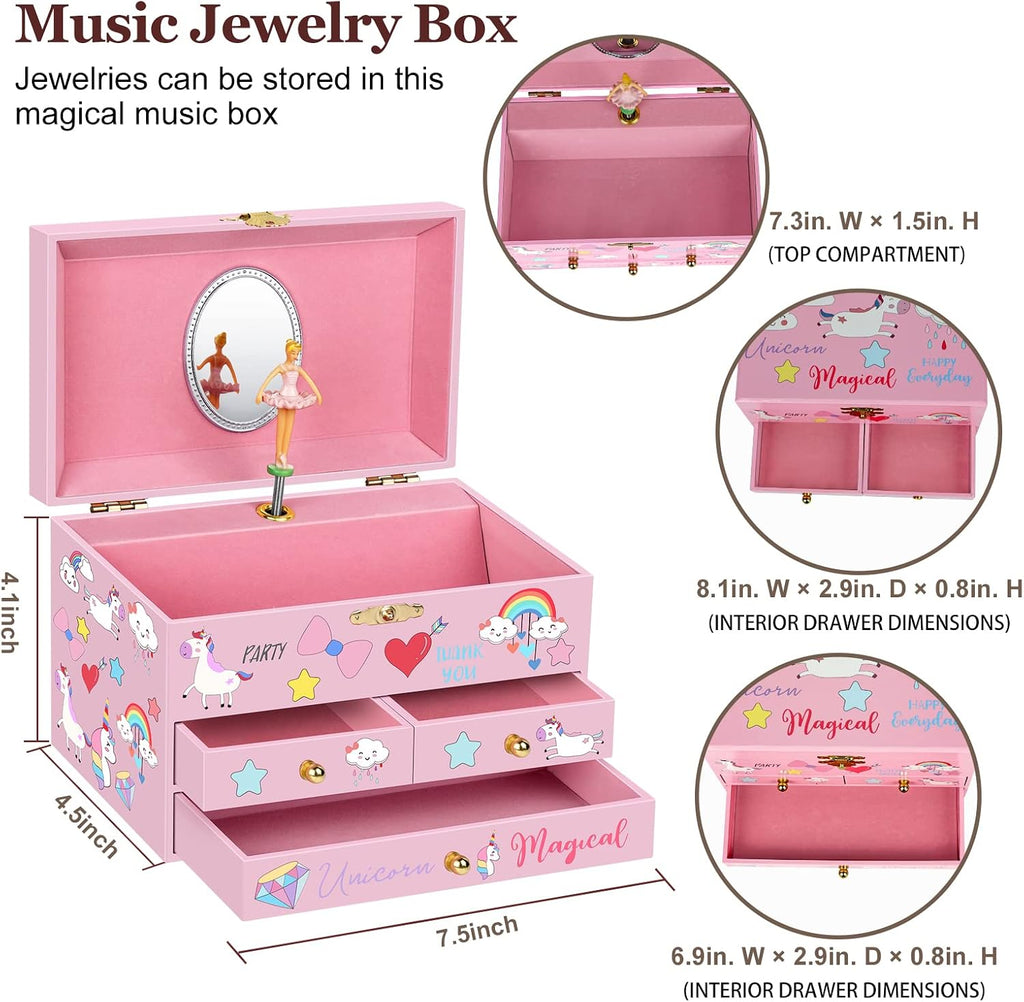 Musical Jewelry Box for Girls 7.5x4.8x4.5 inch with Spinning Ballerina Unicorn, 3 Pullout Drawers, Unicorn Jewelry Set Included Kids Music Box for Christmas Gift, Waltz of Flowers Tune