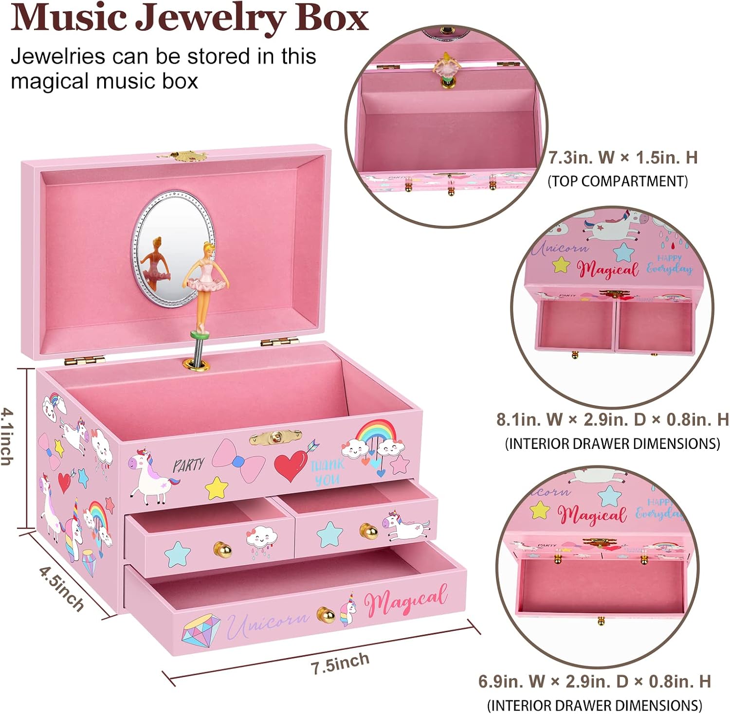 Musical Jewelry Box for Girls 7.5x4.8x4.5 inch with Spinning Ballerina Unicorn, 3 Pullout Drawers, Unicorn Jewelry Set Included Kids Music Box for Christmas Gift, Waltz of Flowers Tune