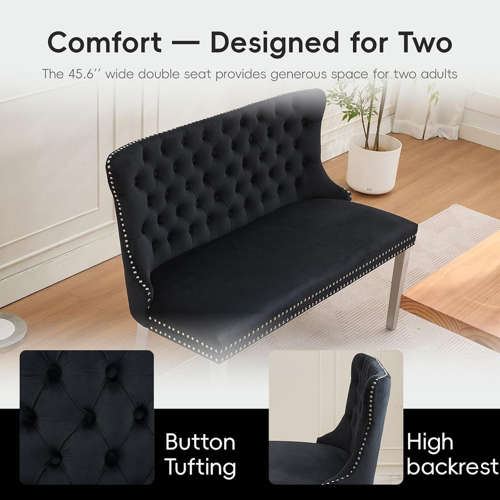 Black Velvet Dining Bench, Tufted Upholstered Dining Loveseat | Wing Back Sea...