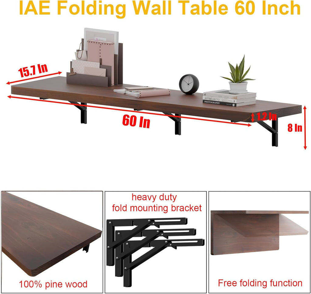 IAE Wall Mounted Folding Table with Pine Wood,60" x 16" Floating Wall Desk,Laundry Folding Table with Shelf Brackets,Fold Down Desk Shelf,Folding Workbench for Home,Dining,Laundry Room,Kitchen,Brown