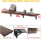 IAE Wall Mounted Folding Table with Pine Wood,60" x 16" Floating Wall Desk,Laundry Folding Table with Shelf Brackets,Fold Down Desk Shelf,Folding Workbench for Home,Dining,Laundry Room,Kitchen,Brown