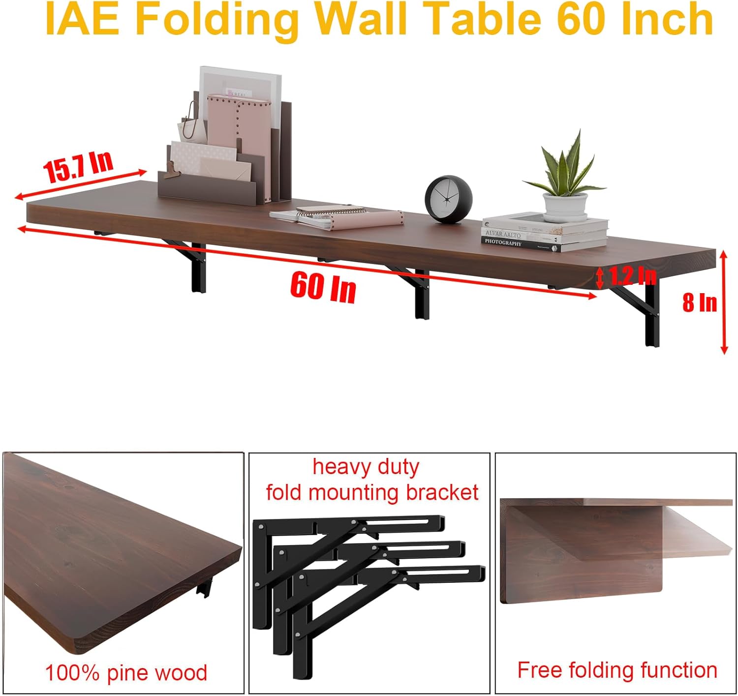 IAE Wall Mounted Folding Table with Pine Wood,60" x 16" Floating Wall Desk,Laundry Folding Table with Shelf Brackets,Fold Down Desk Shelf,Folding Workbench for Home,Dining,Laundry Room,Kitchen,Brown
