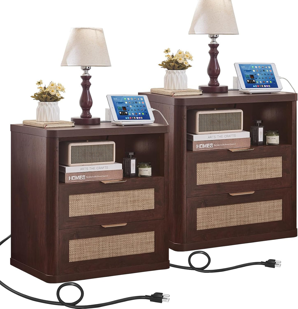 LEYAOYAO Rattan Nightstands Set of 2 with Charger Station, 23" Wide Boho Night Stand with 2 Drawers, Bedside Table Open Shlef, Bed Side End Table Dresser for Bedroom, Living Room Hallway, Walnut