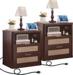 LEYAOYAO Rattan Nightstands Set of 2 with Charger Station, 23" Wide Boho Night Stand with 2 Drawers, Bedside Table Open Shlef, Bed Side End Table Dresser for Bedroom, Living Room Hallway, Walnut