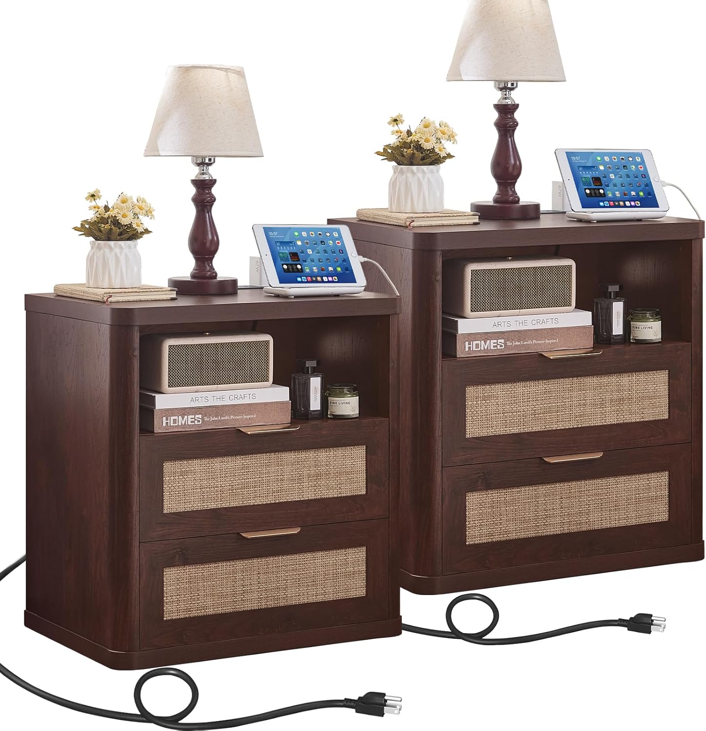 LEYAOYAO Rattan Nightstands Set of 2 with Charger Station, 23" Wide Boho Night Stand with 2 Drawers, Bedside Table Open Shlef, Bed Side End Table Dresser for Bedroom, Living Room Hallway, Walnut