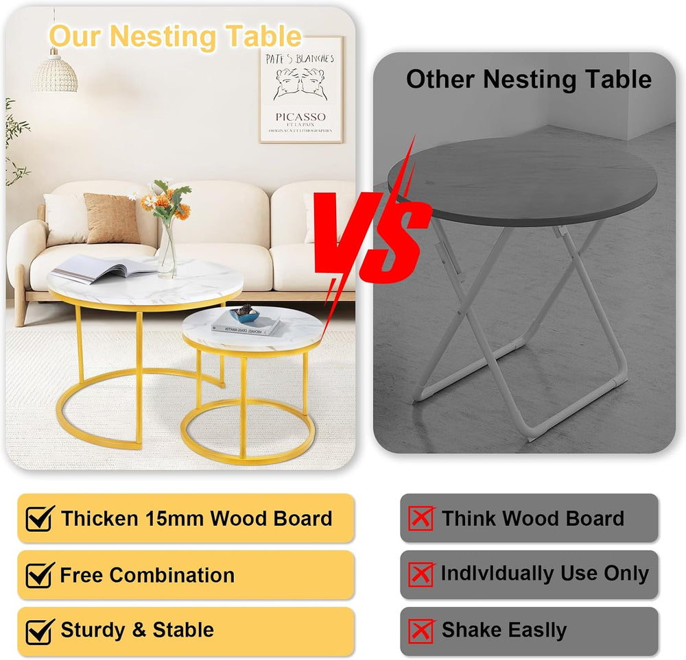 Round Nesting Coffee Tables Set: White Gold Marble Nesting Coffee Table Set o...
