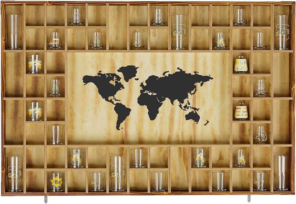68 Large World Map Shot Glass Display Case Rustic Shot Glass Holder 37x 24.4i...