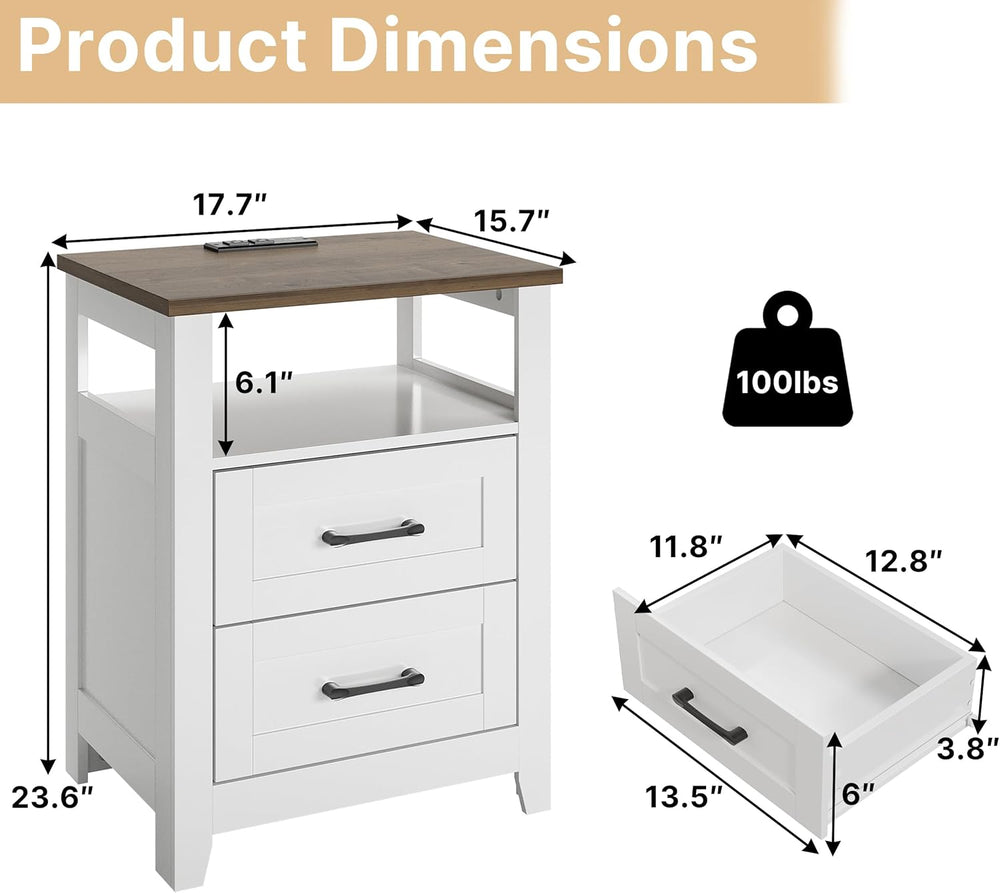 Decofy Farmhouse 2-Drawer Nightstand Set of 2 with Charging Station, White