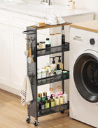 Utility Slim Storage Cart 4 Tier Small Rolling Kitchen Laundry Room Organization Cart with Wood Top Metal Narrow Laundry Room Shelves Cabinet Unit Laundry Organizer Trolley with Handle for Small space