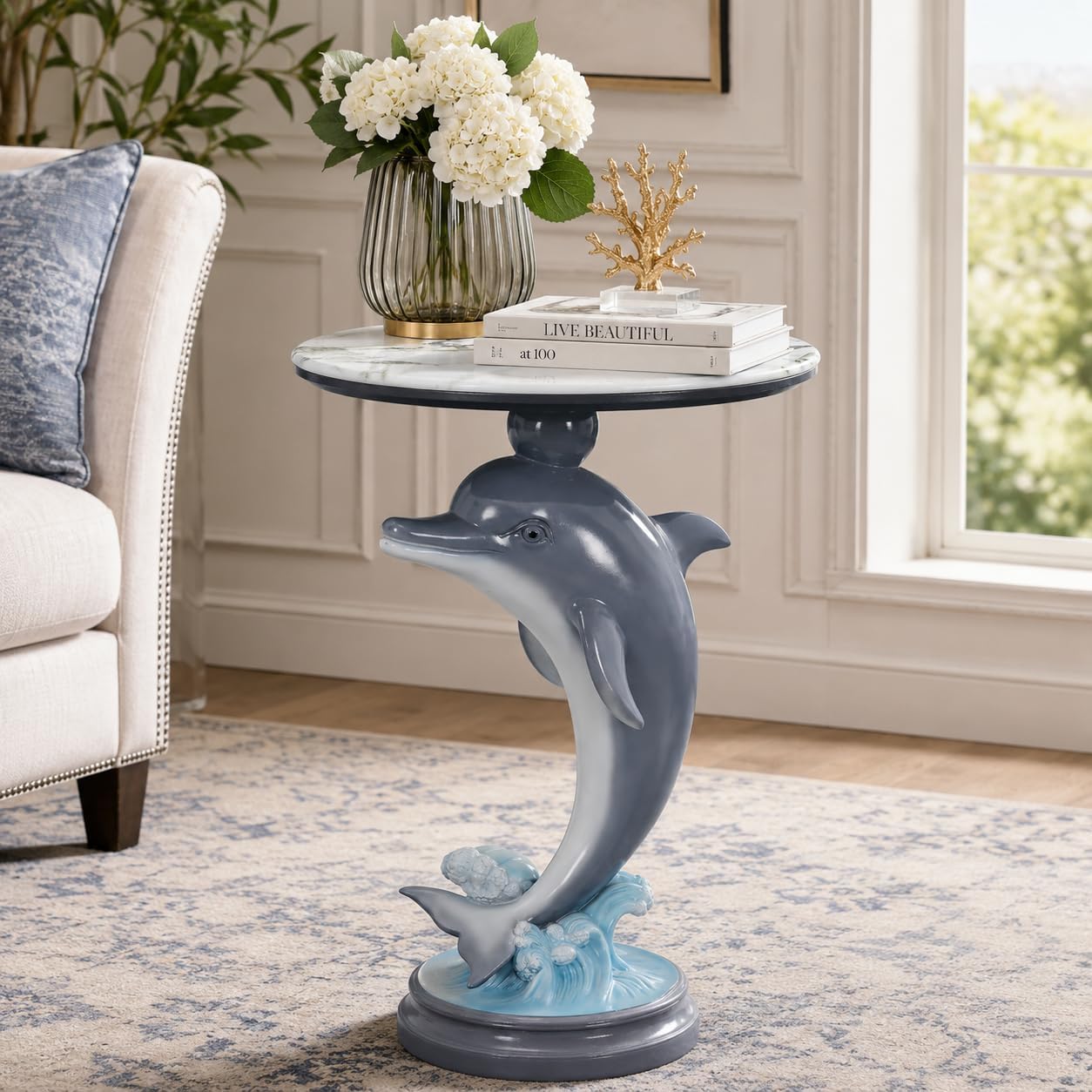 Luxury Dolphin Side Table, White Faux Marble Top Accent End Table, Decorative Animal Sculpture Furniture for Living Room, Bedroom, Entryway Home Decor