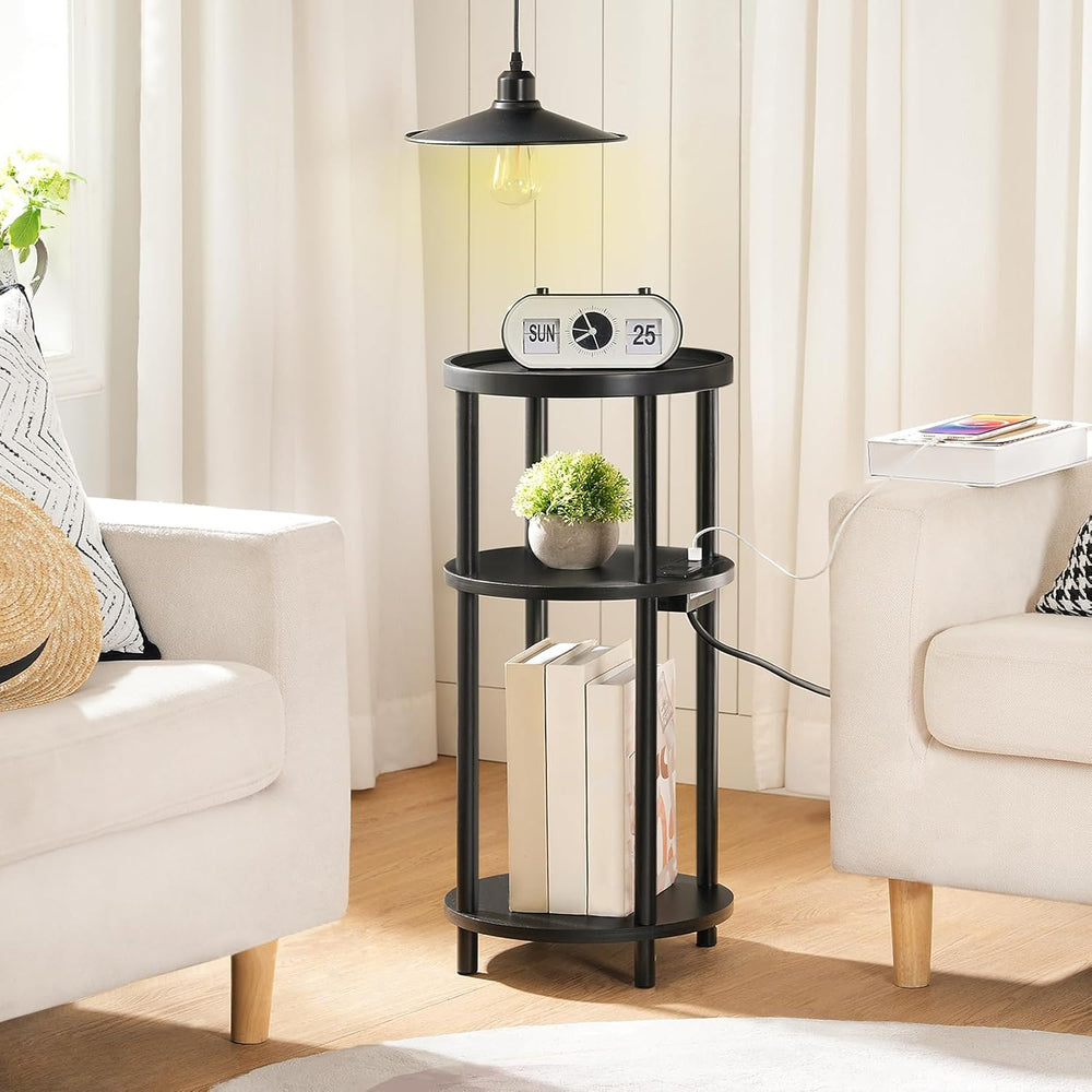 HOOBRO Small Round Side Table with Charging Station, 3-Tier Round Bamboo End ...