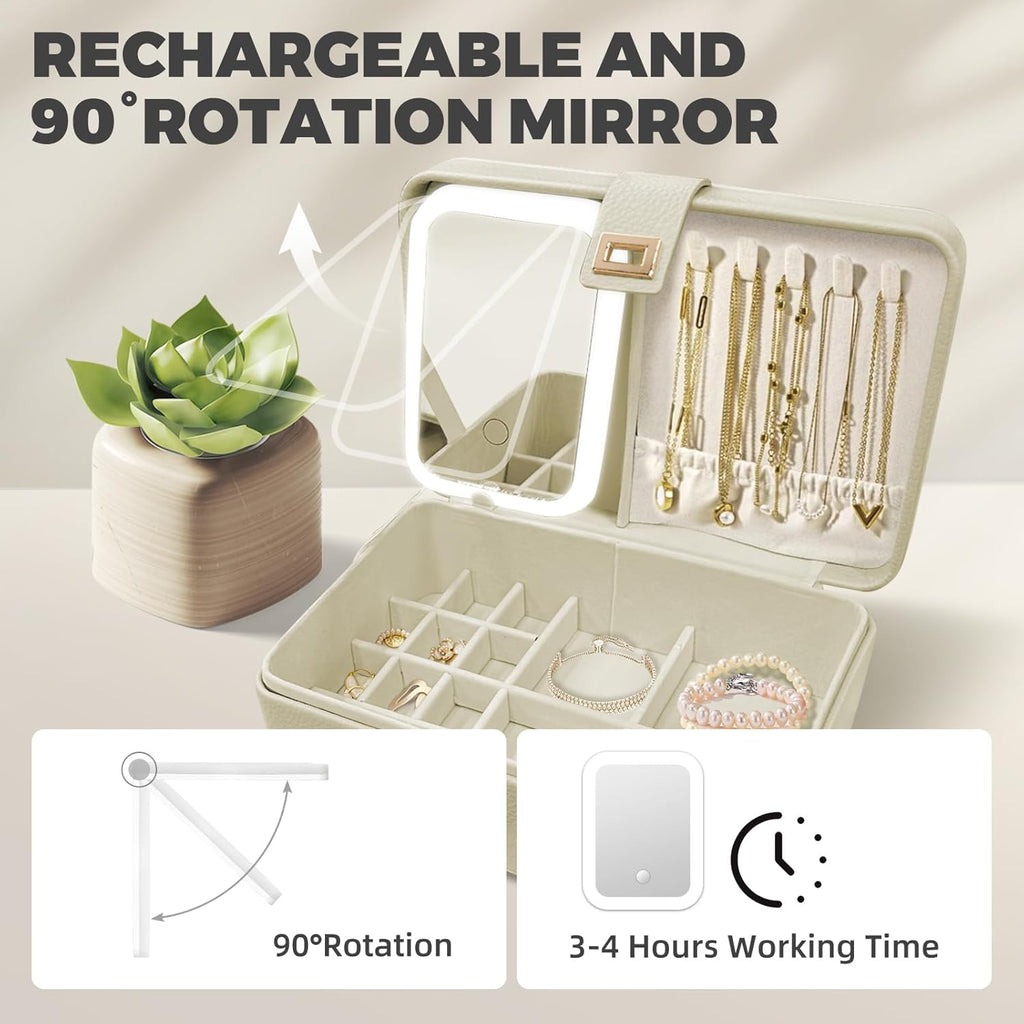 LED Jewelry Box with Mirror- Jewelry Organizer with Movable Compartment Pieces, 6.69 x 9.45 x 3.74 Inches, PU Surface Womens Jewelry Case for Necklaces, Rings, Bracelets, Gift for Women,Cloud White