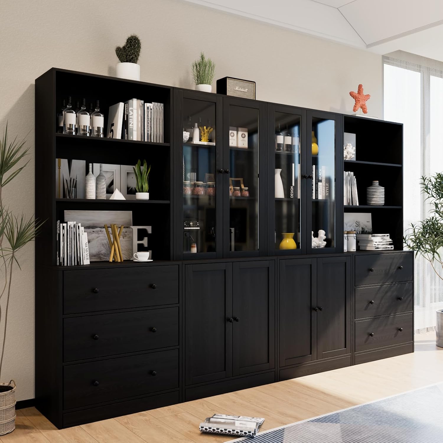 TUSY 71" Bookshelf Bookcase, 3-Tier Modern Bookshelves 3 Large Drawer, Wood Filing Cabinet with Open Storage Shelf, Glass Doors 5-Tier Fixed Storage Shelves for Home Office (Black)