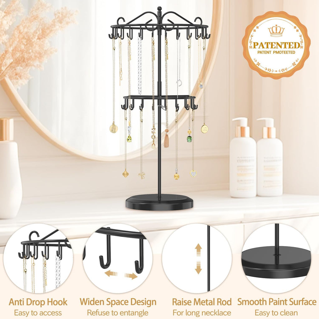 MODOWEY Rotating Necklace Holder Organizer Display Stand with 42 Hooks, 2 Tier Adjustable Metal Tree for Long Necklace Hanger Selling, Tall Spinning Bracelet Storage Rack for Men Women, Black