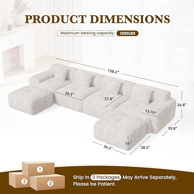 158" U Shaped Convertible Modular Couch, Cloud Couch Sectional with Ottoman, 6-Seater Chenille Boneless Couches for Living Room, Apartment, No Assembly, Beige 1PCS