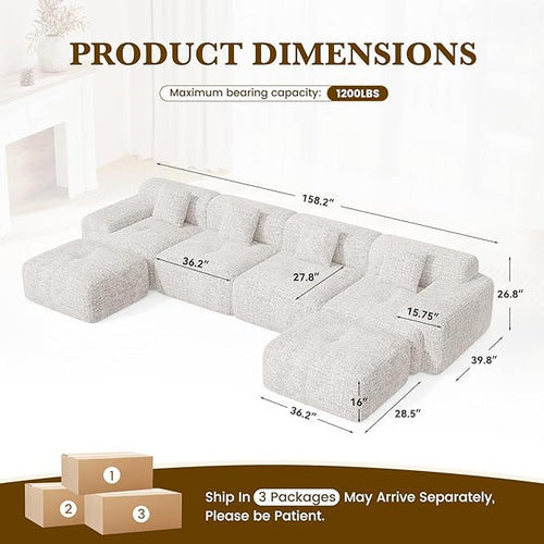 158" U Shaped Convertible Modular Couch, Cloud Couch Sectional with Ottoman, 6-Seater Chenille Boneless Couches for Living Room, Apartment, No Assembly, Beige 1PCS