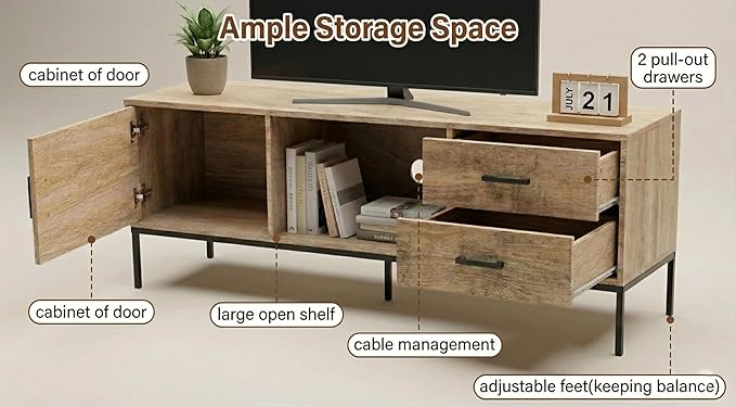 TV Stand for 55/60 Inch TV, Modern Wood Entertainment Center with Storage, 52" Media Console Table with 2 Drawers & Door Cabinet, Television Stands for Living Room & Bedroom (Rustic Brown)