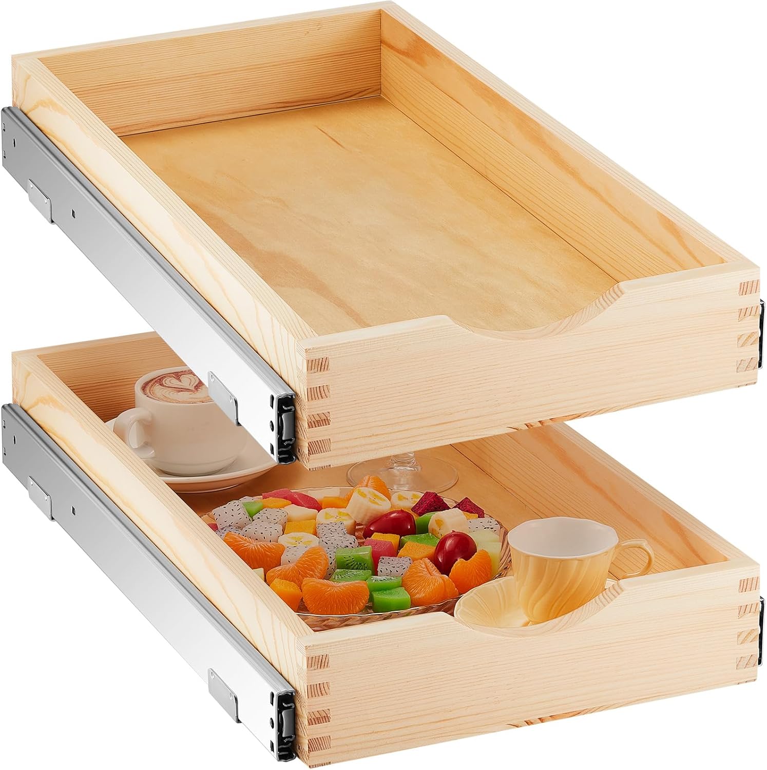 Menkxi 2 Set Pull out Tray Cabinet Organizer Wooden Pull Drawers storage Slide out Pantry Shelf for Base Cabinet Kitchen Gentle Close Fully Assembled Accessories(Wood Color,12'' X 21'' X 3")