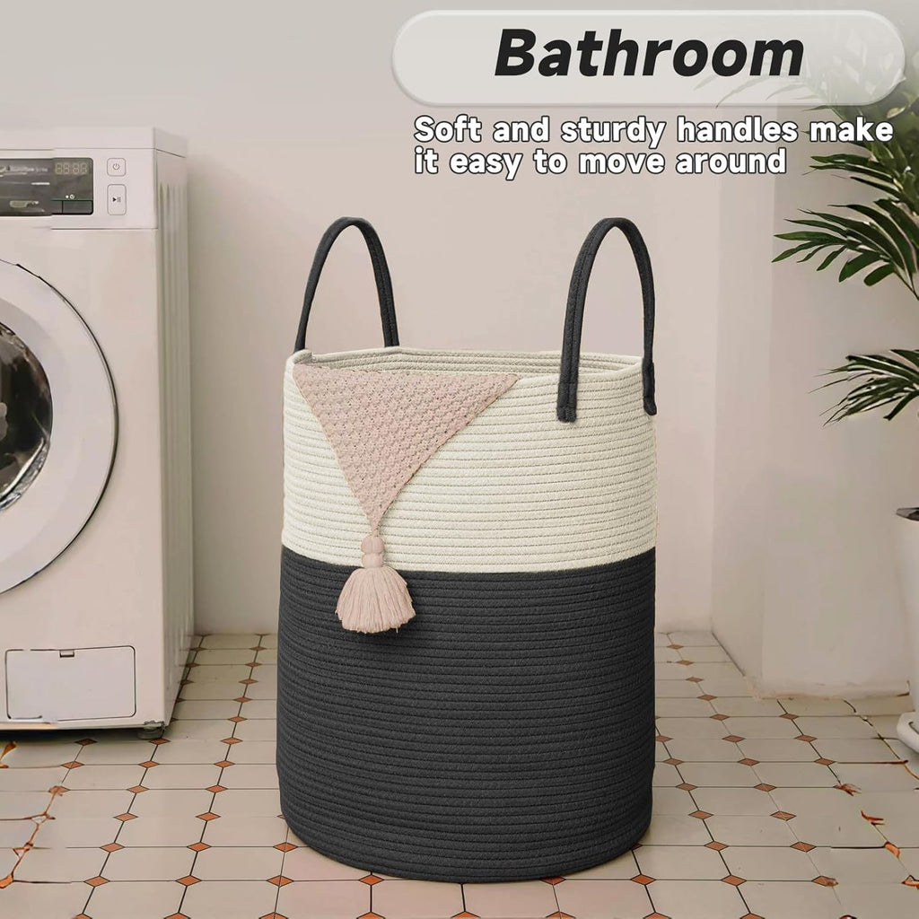 Large Woven Laundry Basket Hamper,80L Cotton Rope Storage Bin for Blankets,Toys and Clothes,Decorative Tall Nursery Hamper for Living Room,Baby Nursery,Bathroom and Bedroom,White and Black