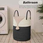 Large Woven Laundry Basket Hamper,80L Cotton Rope Storage Bin for Blankets,Toys and Clothes,Decorative Tall Nursery Hamper for Living Room,Baby Nursery,Bathroom and Bedroom,White and Black