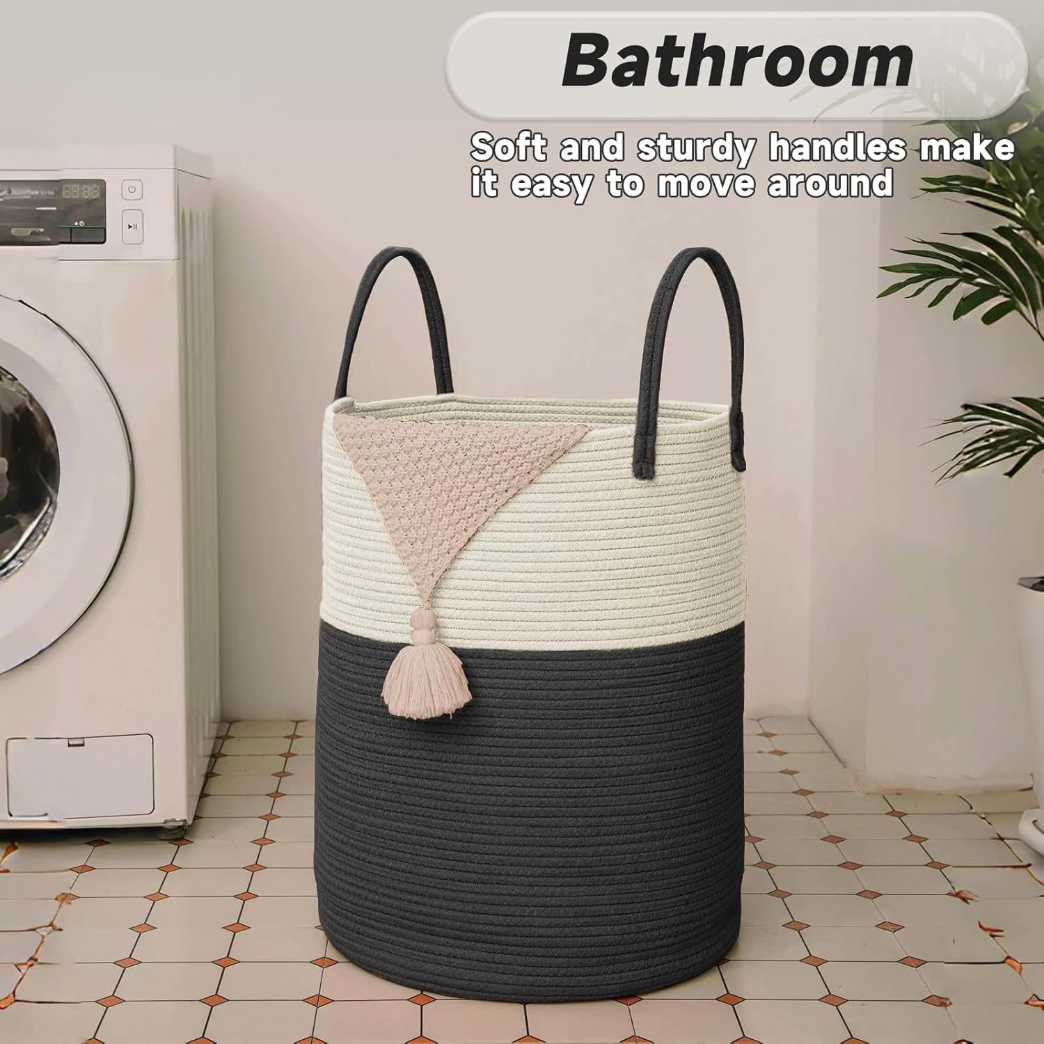 Large Woven Laundry Basket Hamper,60L Cotton Rope Storage Bin for Blankets,Toys and Clothes,Decorative Tall Nursery Hamper for Living Room,Baby Nursery,Bathroom and Bedroom,White and Black