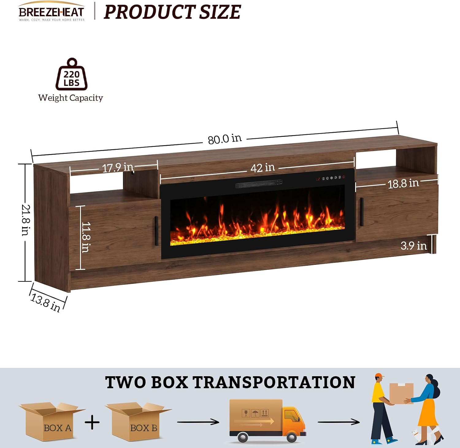 80'' Fireplace TV Stand, LED Entertainment Center Up to 90" TVs, Dark Brown | High Glossy Doors, 42'' Fireplace, Modern Media Console for Living Room