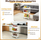 3 Tier Narrow Rolling Storage Cart for Laundry Room Bathroom Kitchen, 7.1'' Slim Utility Cart with Wheels and Lockable Casters Standing Shelf for Small Space & Between Washer and Dryer, White