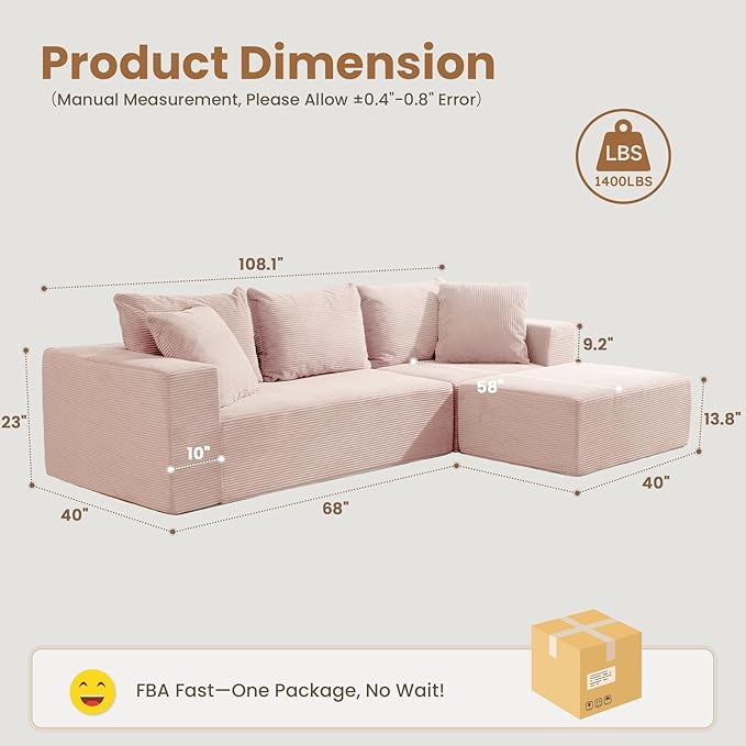 108" L-Shaped Boneless Couch, Modular Sectional Sofa with Moveable Ottoman, Corduroy Cloud Couches for Living Room, No Assembly, Ship in a Box, Pink