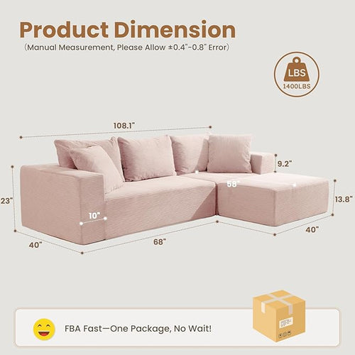 108" L-Shaped Boneless Couch, Modular Sectional Sofa with Moveable Ottoman, Corduroy Cloud Couches for Living Room, No Assembly, Ship in a Box, Pink