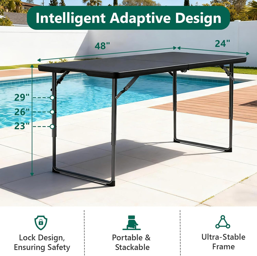 2 Pack 4ft Folding Table, Foldable Plastic Portable Picnic Table, Black | Lar...