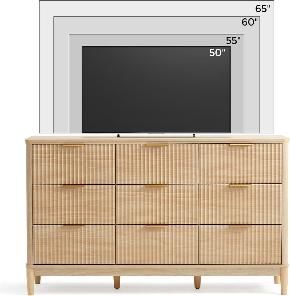 LINSY HOME Fluted Dresser for Bedroom with 9 Drawers, 58" Wide Mid Centu...