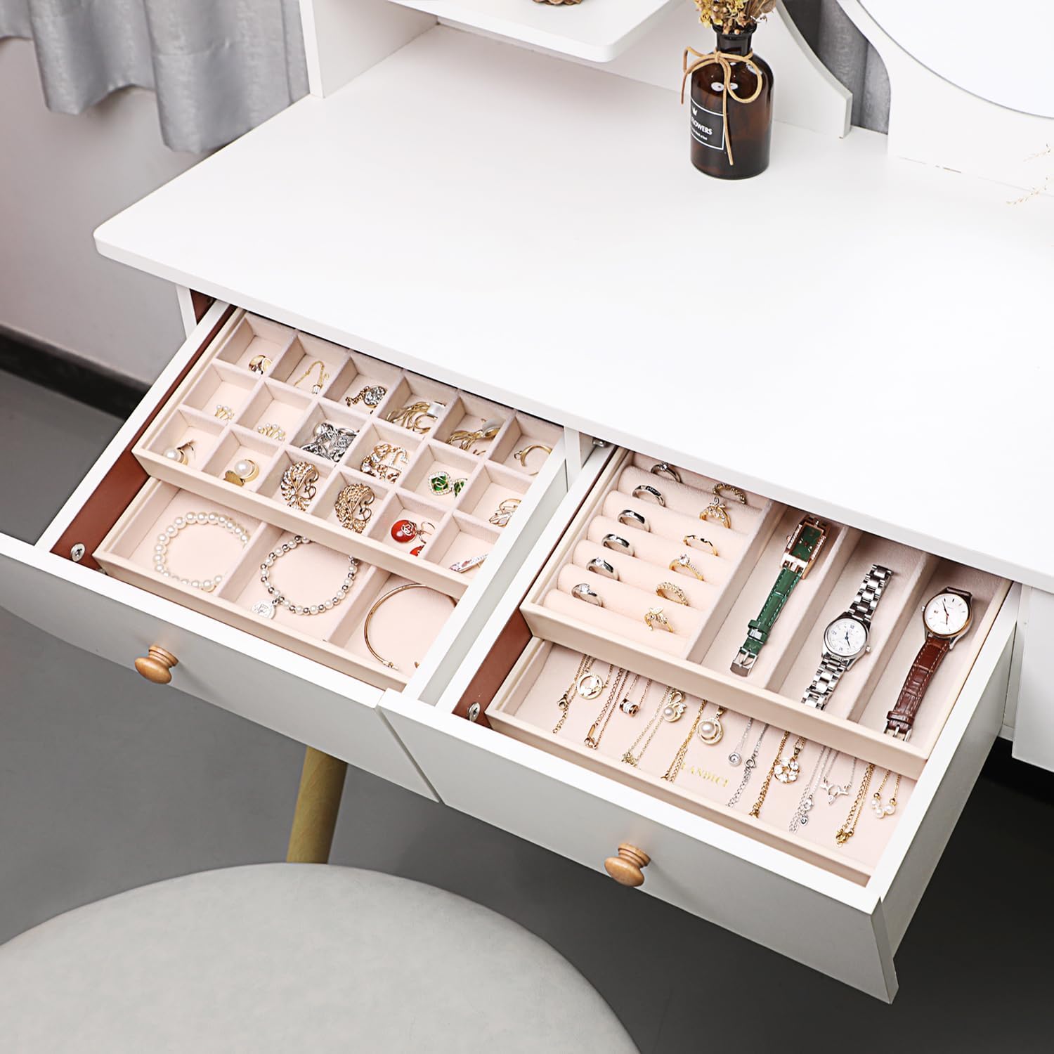 LANDICI Stackable Jewelry Organizer Trays 4 Set,PU Leather Jewelry Organizer Drawer,Jewelry Storage Display Tray for Earring Necklace Rings Bracelet with Removable Dividers,Apricot