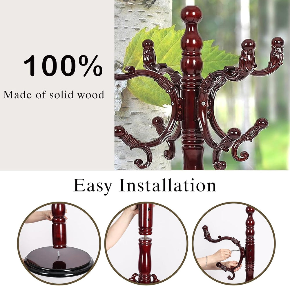 Wooden Coat Rack Freestanding, Hall Tree Hanger With Resin Hooks, Adjustable ...