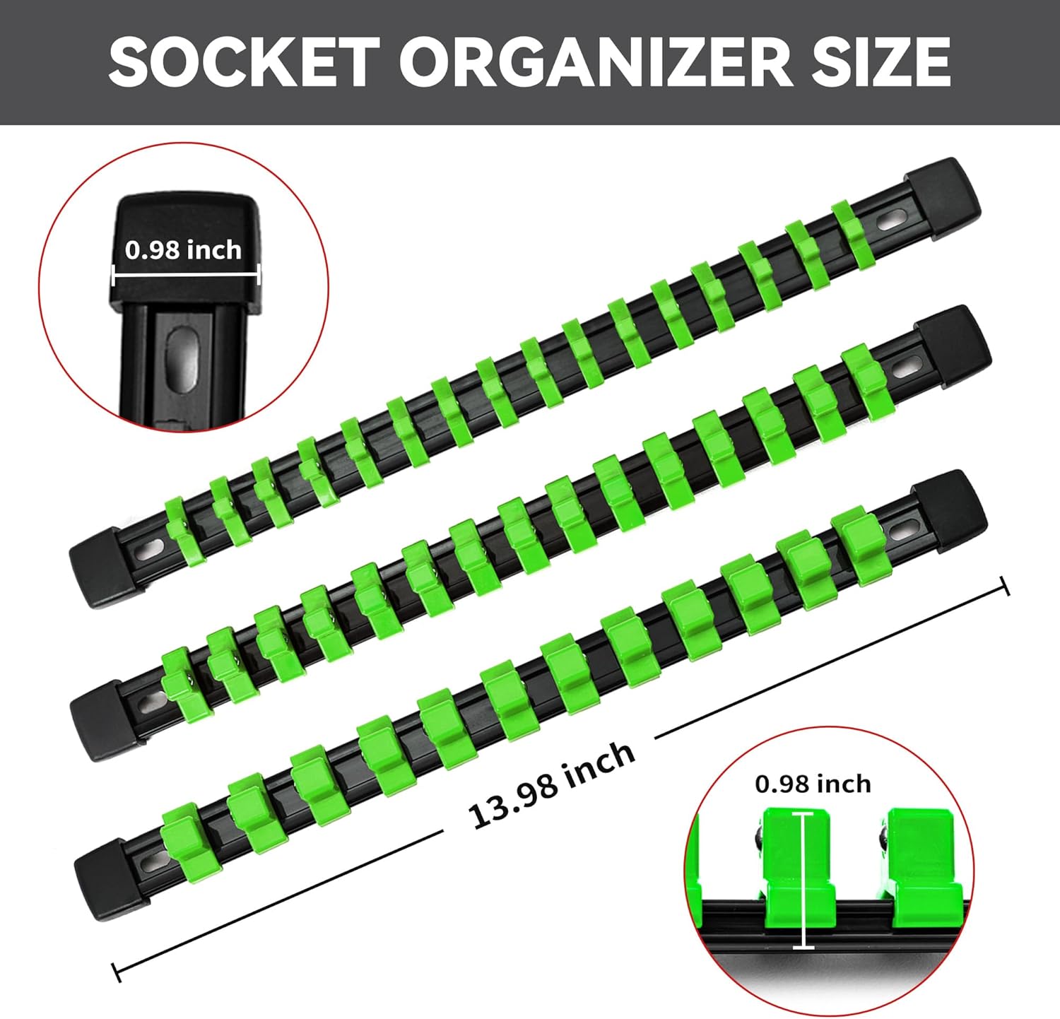Socket Organizer Drive ABS Tools - Green Socket Holder, Premium Quality 9 Pieces Socket Holders Kit 1/4-Inch x 48 Clips, 3/8-Inch x 45 Clips, 1/2-Inch x 36 Clips（9PC,Green