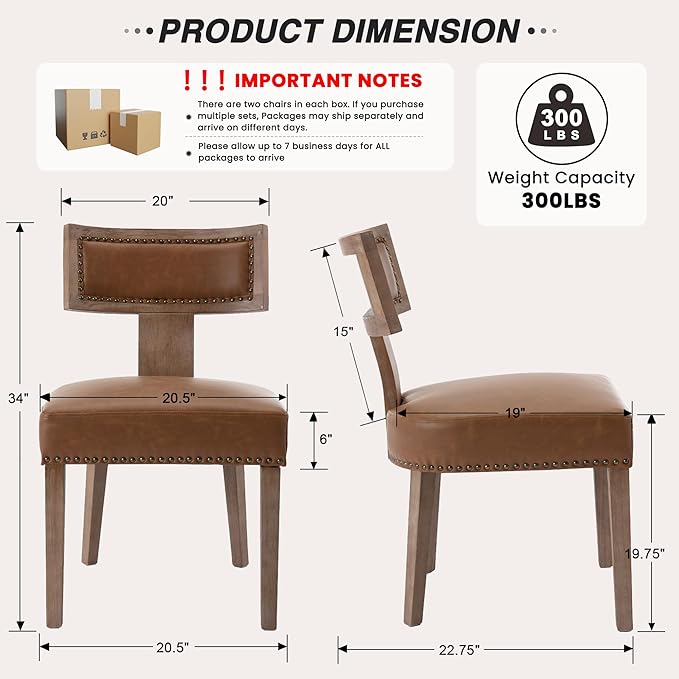 HNY Mid Century Modern Dining Chairs Set of 4, Farmhouse PU Leather Upholstered Accent Chairs Curved Nailhead Trim Backrest Kitchen Chairs, with Hardwood Frame, Brown