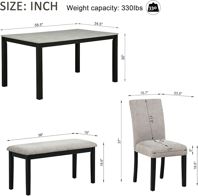 KEIKI 6-Piece Standard Height Dining Table Set with Rectangular Table, 4 Upholstered Curved Backrset Chair, Bench, for 6 Person, Modern Table Set, Easy Assembly, for Kitchen, Dining Room, Black+Gray