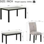 KEIKI 6-Piece Standard Height Dining Table Set with Rectangular Table, 4 Upholstered Curved Backrset Chair, Bench, for 6 Person, Modern Table Set, Easy Assembly, for Kitchen, Dining Room, Black+Gray