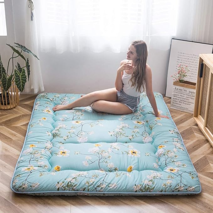 MAXYOYO Japanese Floor Mattress Futon Mattress, 4" Thicken Tatami Mat Sleeping Pad Foldable Roll Up Mat Boys Girls Dormitory Pad Kids Floor Lounger Pillow Bed, Charcoal Grey, Queen Size