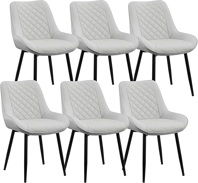 Dining Chair Set of 6, Modern Dining Chairs with Thick Cushions, Faux Leather Upholstered Kitchen Dining Room Chairs with Metal Adjustable Legs for Dining Living Room, Light Grey