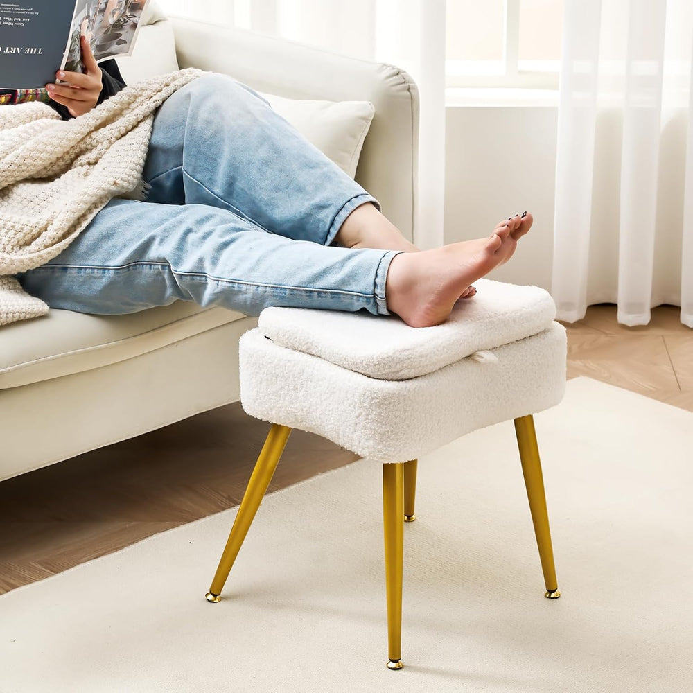 Small Vanity Chair with Storage & Folding Backrest, White | Sherpa Vanity...