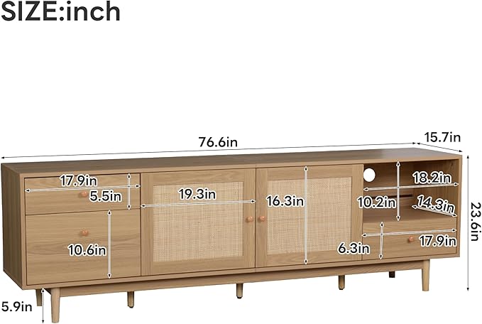 Ball & Cast 76" Boho TV Stand for TVs up to 85", Media Console with Real Rattan Doors, Open Shelf, 3 Drawers & 2 Cabinets, Natural Wood Grain Entertainment Center w/Solid Wood Legs for Living Room